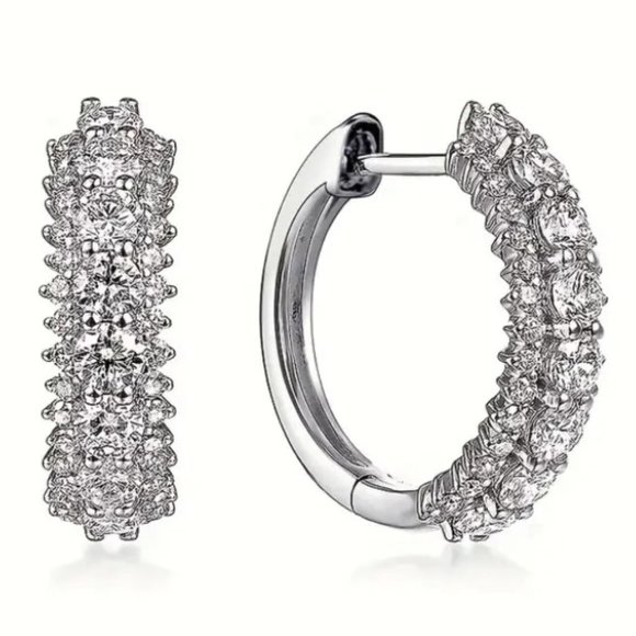 Silver Plated Sparkling Zircon Inlaid Elegant Minimalist Hoop Earrings Jewelry - Picture 5 of 5
